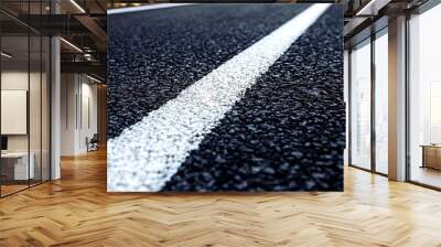 Black asphalt road and white lines Close up Wall mural