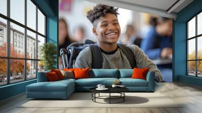 Cheerful student in wheelchair smiles during class at school, showcasing a positive learning environment and inclusivity among peers Wall mural