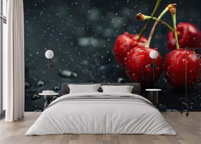 cherry water drops on a black background Wall mural