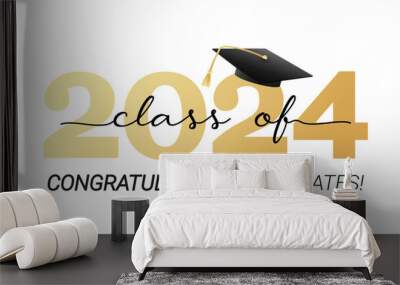 Class of 2024. Congratulations graduates with black and gold design isolated on white background for banner, greeting card, stamp, logo, print, invitation.Graduation event concept. Vector illustration Wall mural