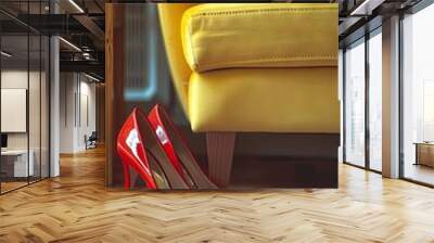 Close up of red high heel shoes on wooden floor next to yellow sofa in empty room Wall mural