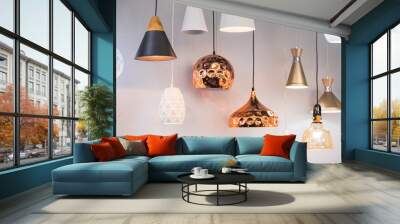 Different modern streamlined mirror copper chandeliers. Bubble metal copper shade pendant Wall mural