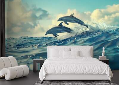 Dolphins leaping in crystal-clear ocean waves, playful and harmonious Wall mural