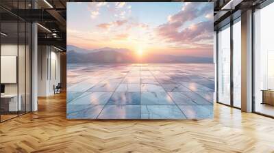 Empty marble floor top with panoramic sky view of mountain under sunrise and morning blue bright sky for display or montage product  Wall mural