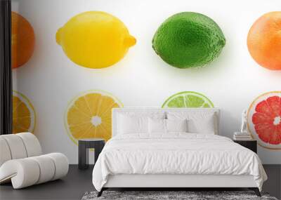 Fresh orange, lemon, lime, grapefruit whole and cut in half slice Wall mural