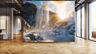 Frozen waterfall surrounded by snow-covered rocks, icicles glistening in the sunlight Wall mural