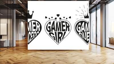 Gamer girl. Gamer Princess. Gamer queen. Black gamer girl quotes with hearts and crowns flat style vector illustration. Gamer quotes set isolated on white for sticker, print, card, poster etc. Wall mural