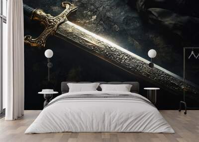 Gleaming medieval sword with ornate hilt and blade Wall mural