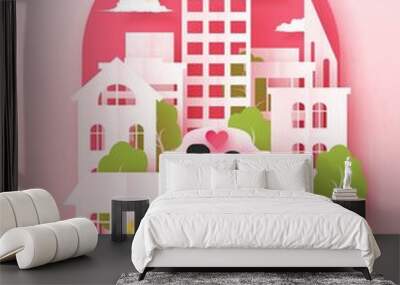 Happy Valentine's day 3d abstract paper cut illustration of colorful paper art landscape with paper cut couple, big city Wall mural