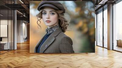 A charming young woman in vintage attire, including an elegant brown and grey checkered wool jacket with dark blue trousers underneath, paired with a matching patterned vest featur Wall mural