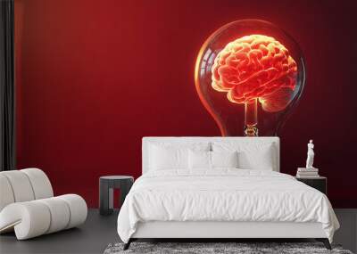 A light bulb with a brain inside, against a red background, with copy space for the concept of ideas and creativity in business innovation on an isolated background. The lighting e Wall mural