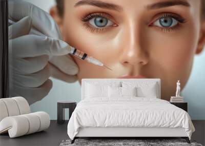 Young woman with beautiful eyes and smooth skin on her face getting cosmetic plastic nose correction from a doctor in gloves during a beauty treatment at a clinic, closeup portrait Wall mural