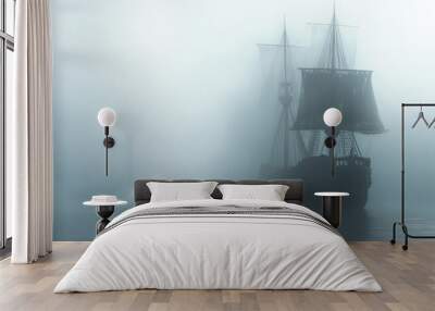 Old ship in the fog. Ghost ship, a pirate ship in the fog. Wall mural