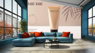 Mockup realistic 3d tube makeup foundation cream on beige background with tropical coconut palm tree leaves shadow. Template beauty cosmetic product, branding and packaging presentation vector design Wall mural