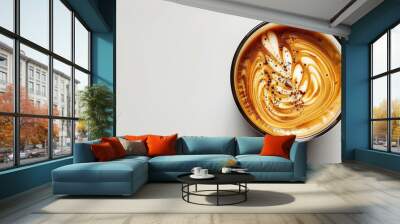 Latte cup with beautiful pattern on white background top view Wall mural