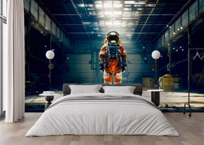 man in orange astronaut suit standing inside of hangar with bright light coming through the ceiling. Wall mural