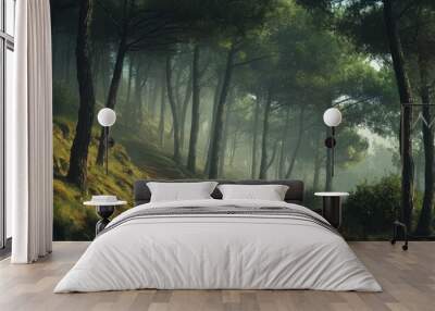 Misty pine forest on a gentle slope Wall mural