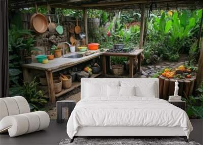 Mud kitchen in tropical preschool garden Wall mural