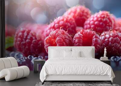 Natural raspberries, macro background with fresh fruit Wall mural