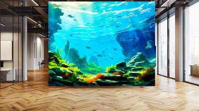 Painting of underwater scene with rocks, plants, and seaweed. Wall mural