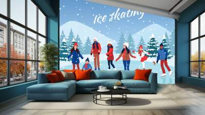 People ice skating. Winter ice rink.  Vector illustration. Wall mural