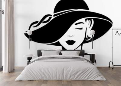 Portrait lady with an elegant hat on white background. Beauty logo design. Vector illustration of a beautiful woman. Wall mural