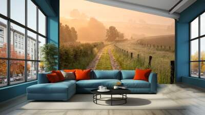 countryside road on Belgian farmland at sunrise Wall mural