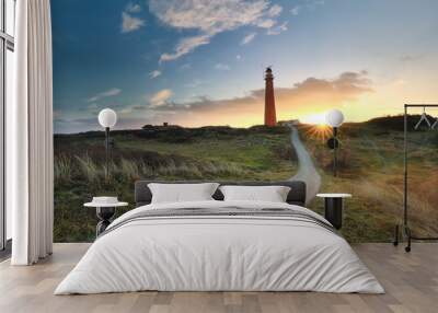 path to red lighthouse at sunrise Wall mural