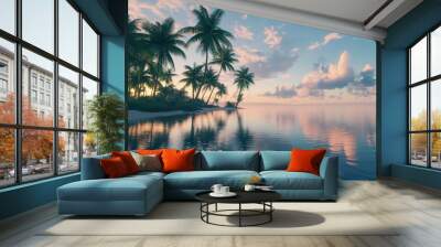 Serene tropical lagoon at sunrise, with calm waters reflecting the sky and palm trees lining the shore Wall mural