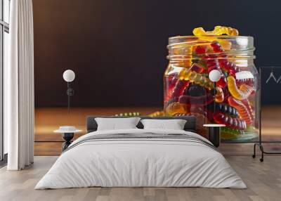 Small Glass Jar Filled To The Top With Gummy Worms Wall mural