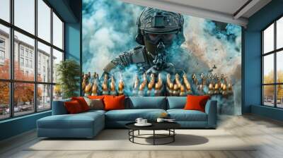 Special operations forces soldier in military ammunition covered with smoke. Wall mural