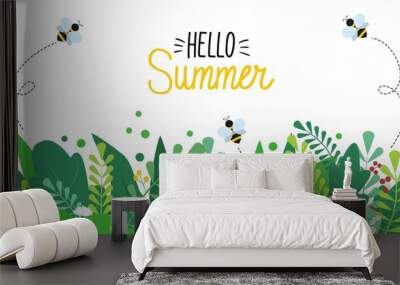 Summer background with colorful green leaves, bees and flowers on white background. Spring vector flat style template for banner, flyer, wallpaper, brochure, greeting card. Cartoon vector illustration Wall mural