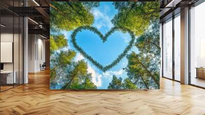 tall trees forming a heart shape against a blue sky. The concept of sustainability Wall mural