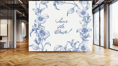 Toile art Vector vintage floral square frame in blue and light beige. Delicate Clematis flowers and leaves engraved elements. Hand drawn illustration for design greeting card, wedding decor Wall mural