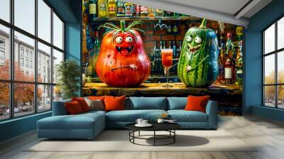 Two cartoon vegetables, a tomato and a cucumber Wall mural