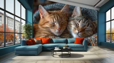 Two cats lie together under a blanket Wall mural