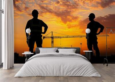 Two construction workers, silhouetted by the setting sun, stand at a construction site with equipment and cranes visible in the background, emphasizing the work environment Wall mural