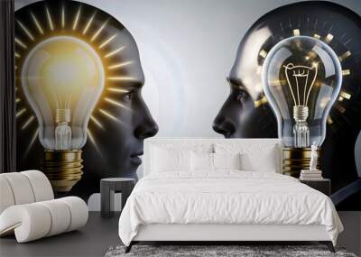 Two  heads with glowing lightbulbs facing each other, symbolizing ideas and innovation Wall mural