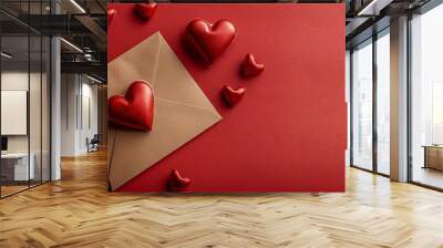 Valentines day card mockup with envelope on red background, greeting or invitation card Wall mural