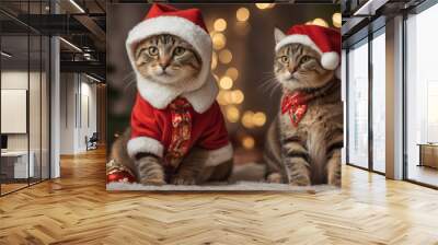 cats in santa claus hats and christmas decorations Wall mural