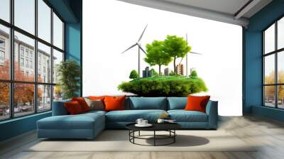 Wind energy, wind turbines, wind power station isolated on transparent background, PNG file.  Wall mural