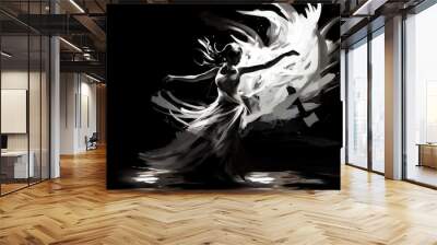 Woman in white dress is dancing with her arms spread out in the air. Wall mural