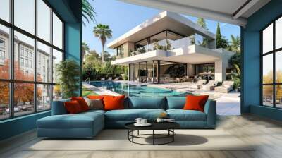 exterior perspective view af a very modern villa in marbella, two floors, large glass vindows, exterior garden pool, very high details, high resolution, turquoise sky, 3D model Wall mural