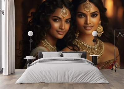 Two indian beauty smiling woman, luxury jewelry Wall mural