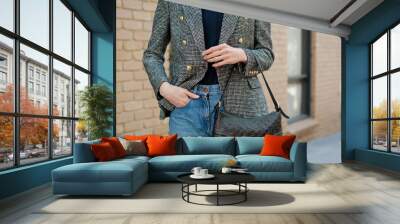 Young fashionable woman wearing gray tweed jacket with golden buttons, blue jeans, sweater and holding black leather baguette handbag. Street style. Wall mural