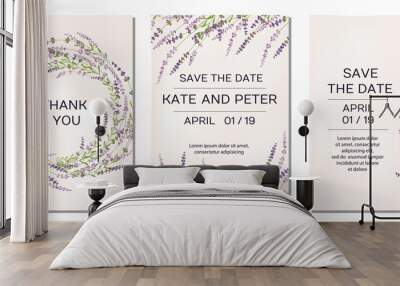 Wedding invitations set with lavender flowers on background Wall mural