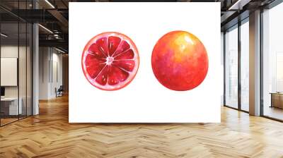 Hand painted watercolor illustration of slice and whole blood orange isolated on white background Wall mural