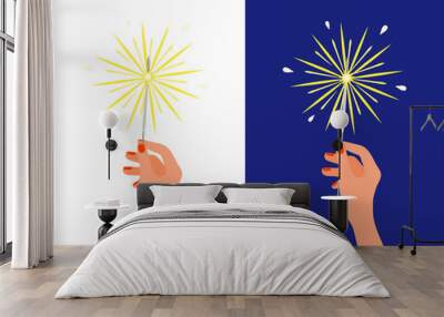 Bengal light fire sparkler in female hand. Christmas New Year Birthday firework, holiday pyrotechnics, celebration salute isolated on white background Wall mural