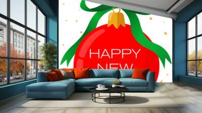 A red New Year's ball with a green bow. Happy New Year greeting card. Vector illustration. Wall mural