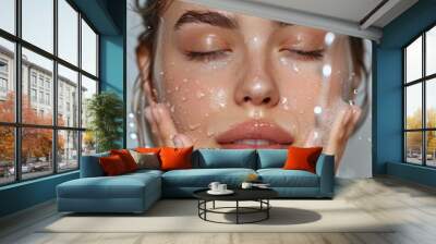 Close-up of a woman enjoying a refreshing face wash with water drops on her skin, showcasing natural beauty and skincare routine. Wall mural